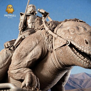 May include: A detailed 3D-printed sculpture of a Stormtrooper riding a large, reptilian creature. The sculpture is in shades of tan and gray, with the text "PATNULL 3D STL" visible. The background shows a blue sky and mountains.