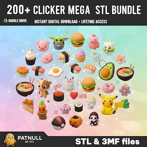 以下が含まれることがあります： 寿司、ハンバーガー、カップケーキなどの食品や、漫画のキャラクターなど、さまざまなデザインの3Dプリントされたクリッカーモデルのコレクションです。「200+ CLICKER MEGA STL BUNDLE」と「STL & 3MF files」の文字があります。