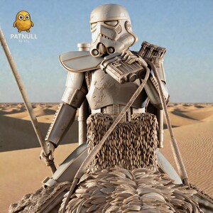 May include: A detailed 3D-printed model of a Star Wars Sandtrooper riding a creature in a desert landscape. The Sandtrooper is in full armor, holding a staff and binoculars. The model is in a neutral color palette, with the text "PATNULL 3D STL" visible.