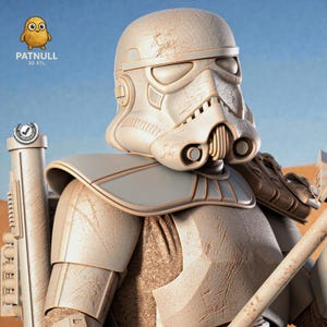 May include: A detailed 3D model of a Stormtrooper helmet and armor, with a weathered, textured appearance. The image features the text "PATNULL 3D STL" and a cartoon character logo. The color palette is primarily off-white and gray.