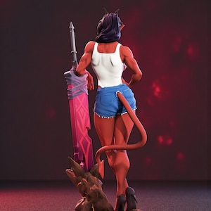 May include: A red-skinned figure with horns and a tail, wearing a white tank top and blue denim shorts, stands with a large pink sword. The figure is posed with one arm resting on the sword, and is wearing black high heels.