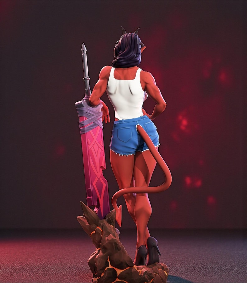 May include: A red-skinned figure with horns and a tail, wearing a white tank top and blue denim shorts, stands with a large pink sword. The figure is posed with one arm resting on the sword, and is wearing black high heels.