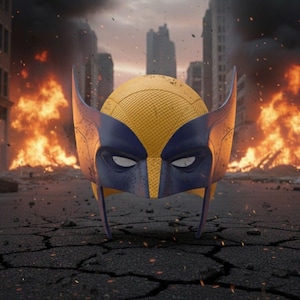 May include: A yellow and blue Wolverine mask with pointed ears and eye cutouts, set against a backdrop of a destroyed city with flames and smoke. The mask is the focal point, resting on a cracked asphalt surface.