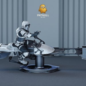 May include: A detailed 3D-printed model of a speeder bike with a rider in a white and black uniform. The model is mounted on a stand with a blue hexagonal base. The text "PATNULL 3D STL" is visible.