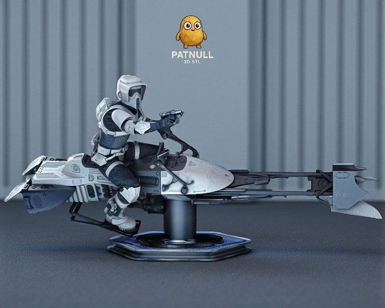 May include: A detailed 3D-printed model of a speeder bike with a rider in a white and black uniform. The model is mounted on a stand with a blue hexagonal base. The text "PATNULL 3D STL" is visible.