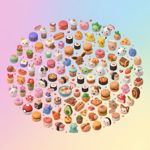 May include: A collection of colorful, miniature food and character figurines arranged in a circular pattern. The assortment includes sushi, burgers, donuts, and various cartoon characters, all with a cute, playful aesthetic. The background has a gradient of pink, yellow, and blue.