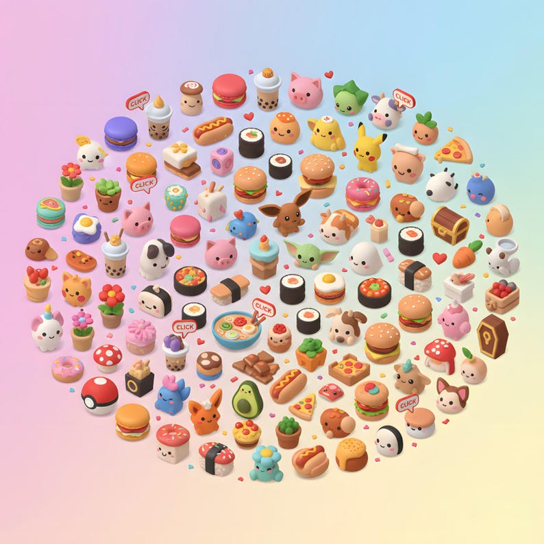 May include: A collection of colorful, miniature food and character figurines arranged in a circular pattern. The assortment includes sushi, burgers, donuts, and various cartoon characters, all with a cute, playful aesthetic. The background has a gradient of pink, yellow, and blue.