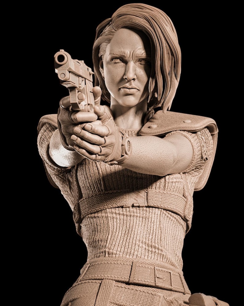 May include: A sepia sculpture of a person aiming a handgun, with a focused expression. The figure is wearing a textured top, gloves, and a watch. The background is black.