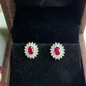 Ruby & Moissanite Halo Studs | Sterling Silver Oval Earrings | July Birthstone | Gift for Her
