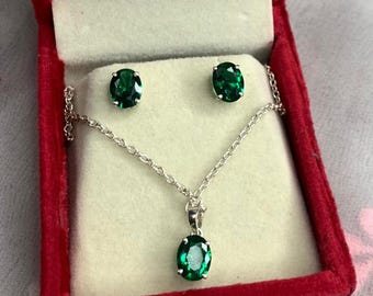 Emerald Sterling Silver Jewelry Set | Pendant Necklace & Studs | May Birthstone | Gift for her