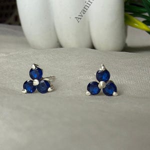 May include: A pair of silver stud earrings, each with three round, deep blue gemstones in a triangular cluster. The earrings are presented on a soft, light grey surface, with a white vase and green plant in the background.