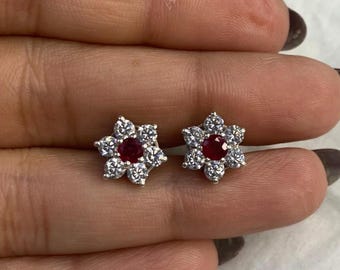 Synthetic Ruby & Moissanite Flower Studs | Round Sterling Silver Earrings | July Birthstone | Gift for her