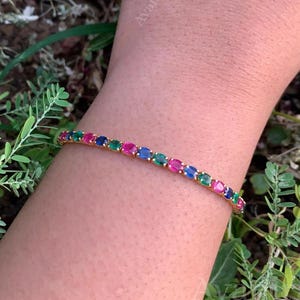 Bracelet tennis en pierres précieuses multicolores | Argent sterling | Bracelet rubis émeraude et saphir de laboratoire | Cadeau pour elle