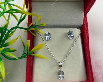 Natural Aquamarine Sterling Silver Jewelry Set | Pendant Necklace & Studs | March Birthstone | Elegant Gift