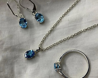 Natural Swiss Blue Topaz Jewelry Set | Sterling Silver Ring, Necklace & Leverback Earrings | December Birthstone