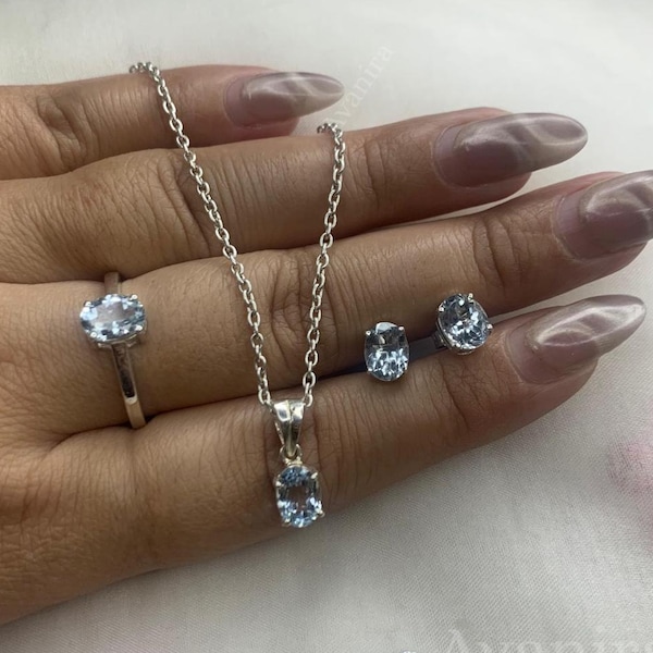 Natural Aquamarine Jewelry Set | Sterling Silver Ring, Necklace & Earrings | March Birthstone | Gift for her