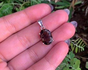 Colgante de cuarzo ahumado natural / Plata de ley 925 / Medallón ovalado de piedra preciosa marrón