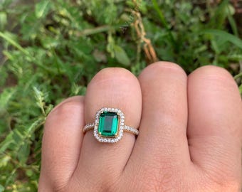 Emerald & Moissanite Square Halo Ring | 925 Sterling Silver | May Birthstone