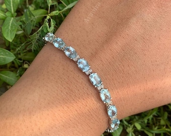 Natural Aquamarine & Moissanite Tennis Bracelet | 925 Sterling Silver Jewellery | March Birthstone Gift
