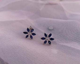 Pendientes de plata de ley con zafiro azul talla marquesa y moissanita / Regalo para ella