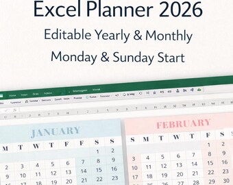 Excel Planner 2026, Editable Yearly & Monthly Planner for Microsoft Excel, Minimal Productivity Spreadsheet, Instant Download
