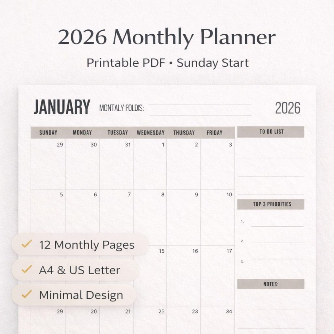 2026 Monthly Planner Printable PDF, Sunday Start Calendar, A4 & US