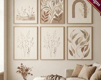 Warm Neutral Botanical Wall Art Set of 6, Taupe Beige Prints, Japandi Decor