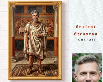 Custom Ancient Etruscan Man Portrait | Personalized Noble Leader Painting | Pre Roman Warrior Wall Art | Masculine Tuscany Office Decor