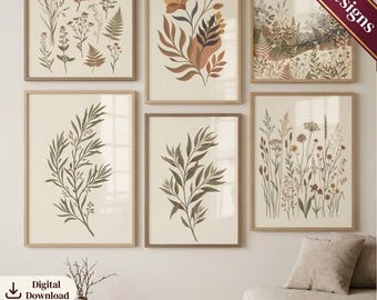 Botanical Gallery Wall Set of 6, Earthy Herbarium Prints, Japandi Decor