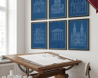 Vintage Architectural Blueprint Printable Wall Art Set, Gothic Cathedral Victorian House Castle, Digital Download