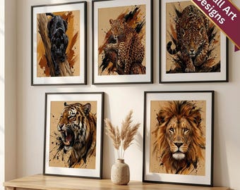 Puma Lioness Jaguar Wall Art Set of 10, Big Cat Prints Panther Snow Leopard Tiger, Predator Feline Digital Download Poster Bundle