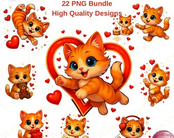 Valentine Cat PNG Bundle 25 Designs | Cute Orange Kitten Valentine Clipart | Love Cat PNG for T-Shirt Mug Sticker POD