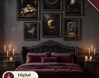 Witchy Tarot Printable Wall Art Set, Gothic Moth Moody Moon Celestial Serpent, Digital Download