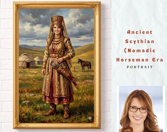 Custom Scythian Queen Portrait | Personalized Amazon Warrior Wall Art | Ancient Golden Goddess Painting | Mystical Steppe Female Decor