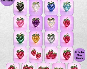 Crystal Strawberry Wall Art Bundle, Disco Fruit Printable Posters (Digital Download)