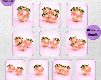 Crystal Peach Poster Bundle Printable Fruit Wall Art Kitchen Decor Digital Download Modern Style