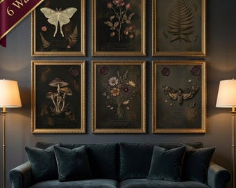 Herbarium Wall Set, Gothic Dark Academia Botanical Prints, Moth Mushroom Poster Download
