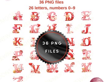 Valentine Alphabet PNG Bundle, 36 Letters and Numbers for Shirts