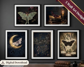 Luna Moth Print Set of 5, Dark Academia Botanical Wall Art, Gothic Gallery Decor