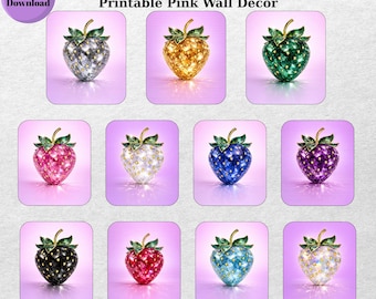 Crystal Strawberry Wall Art Bundle, Disco Pink Fruit Posters (Digital Download)