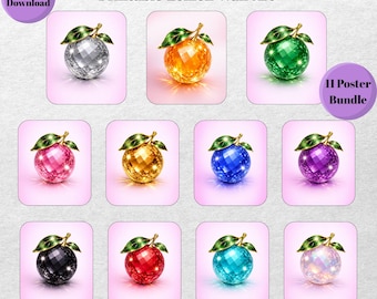 Crystal Orange Poster Bundle, Gemstone Citrus Wall Art, Rainbow Fruit Print Set (Digital Download)