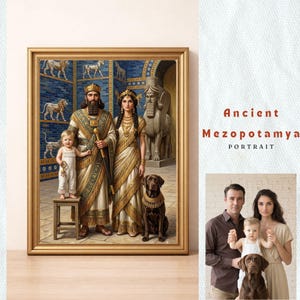 Puede incluir: Un retrato enmarcado que representa a una familia de la antigua Mesopotamia. La obra de arte presenta a un hombre y una mujer con atuendos ornamentados, un niño y un perro. El fondo incluye detalles arquitectónicos y el texto "Ancient Mesopotamia Portrait."