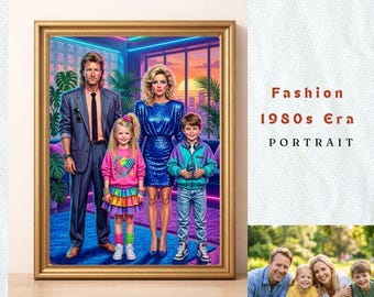 Turn Your Photo into 1980s Retro Family | Neon Era Nursery Wall Art | Radical Newborn Legacy | Bespoke Noble Vintage Heirloom Painting Art