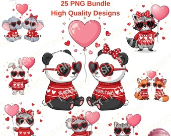 Valentine Cute Animal Couples PNG Bundle – Heart Balloon Love Animals Clipart