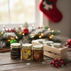 May include: Three small glass jars with gold lids, labeled "Espresso", "Lemon", and "Ginger", sit on a wooden surface. A wooden crate holds additional jars. The jars are part of a holiday-themed display, with a Christmas stocking and garland in the background.