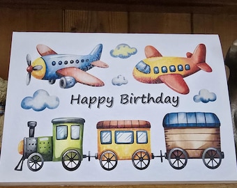 Tarjeta de cumpleaños hecha a mano con temática ferroviaria: aviones y trenes