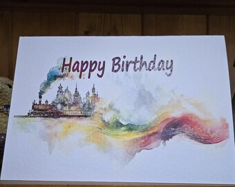 Tarjeta de cumpleaños hecha a mano con temática ferroviaria – Colour Wave