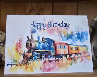 Tarjeta de cumpleaños hecha a mano con temática ferroviaria – Salpicadura de color