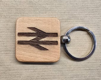 Handmade Engraved Wooden Railway Keyring | Train Lover Gift - Square 'BR Arrow'