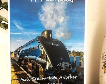 Tarjeta de cumpleaños hecha a mano con temática ferroviaria – A todo vapor